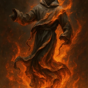 May include: Digital artwork of a dark grey hooded robe surrounded by flames. The robe has flowing fabric and a hood, with the flames rising from the bottom. The background is a dark, smoky atmosphere.