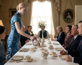 Vintage Esszimmer Gemälde, Frau in blauem Cheongsam, digitaler Download