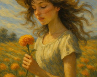 Cottagecore Mädchen mit Blumen, Ölgemälde Stil Kunstdruck, digitaler Download