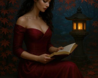 Herbst lesen Kunst Poster, rotes Kleid Frau, japanische Laterne, digitaler Download
