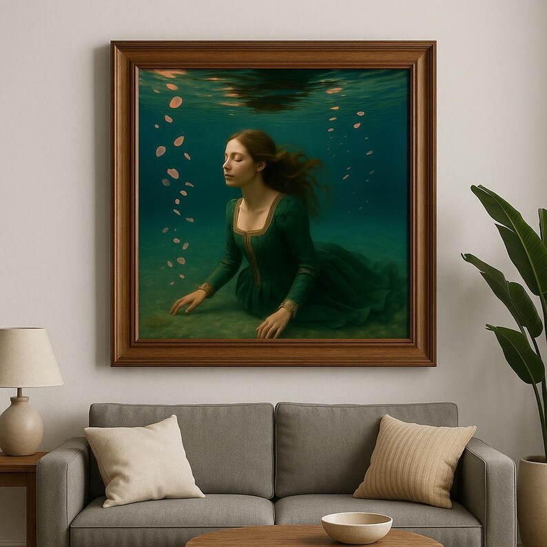 May include: A framed artwork shows a woman in a green dress submerged in water. The woman has long brown hair and is surrounded by bubbles. The artwork is in a brown wooden frame and hangs on a white wall.