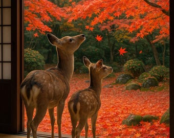 Magical Deer Print, Ghibli Style, Japandi Forest Landscape, Digital Download