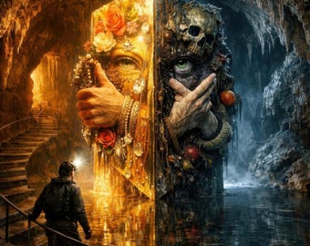 幻想的な洞窟アート, 生と死の二面性, 骸骨と黄金のファンタジーポスター, ダークアカデミア 壁掛けインテリア, デジタルダウンロード