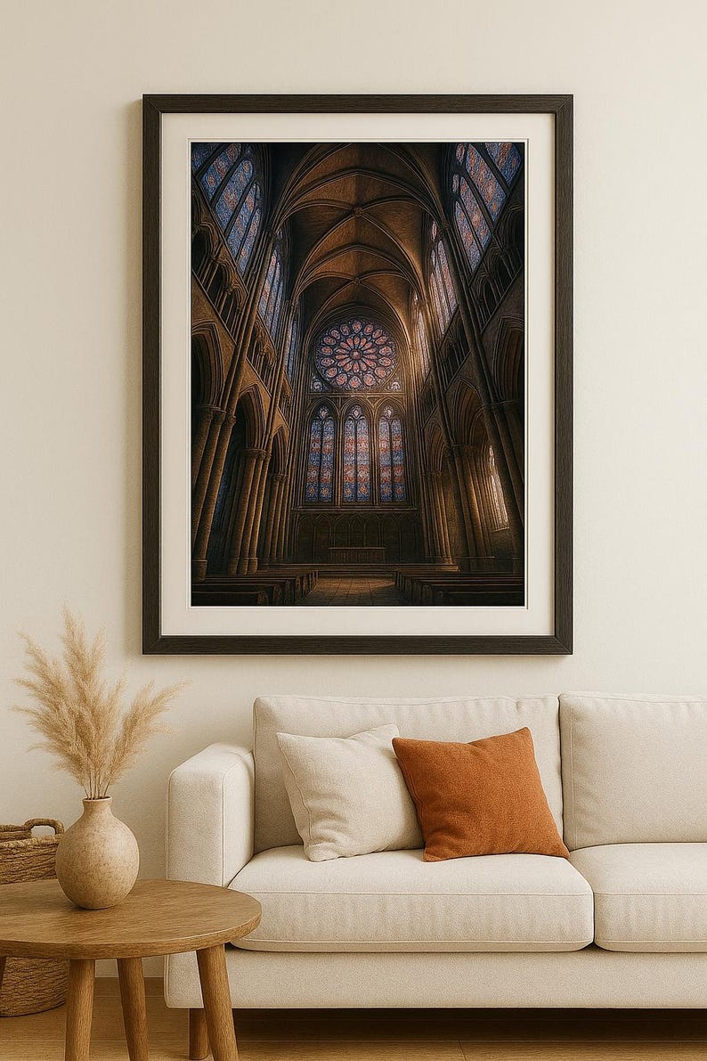 May include: Framed print of a cathedral interior. The artwork depicts a high-ceilinged space with arched columns, stained glass windows, and a rose window. The color palette is dominated by warm browns and blues, creating a sense of depth and grandeur.