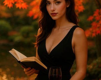 Herbst Frau beim Lesen, Kunstdruck, Wein, Ahornblätter Digital Download