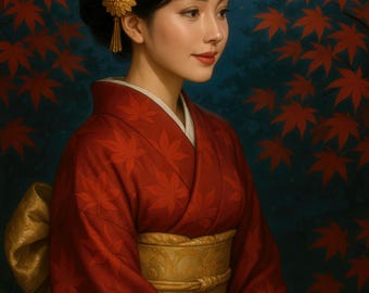 Japanischer Herbst, Kunstdruck, Frau im Kimono, Ahornblätter, digitaler Download