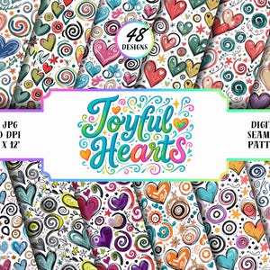 May include: A digital seamless pattern featuring colorful hearts and swirls on a white background. The image includes the text "Joyful Hearts" in a vibrant, multi-colored script, along with details about the design's dimensions and resolution.