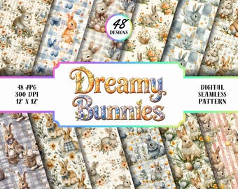 Paquete de papeles digitales de conejitos de Pascua, 48 patrones sin costuras, lindos diseños florales de conejos, papel para álbumes de recortes de primavera 12x12 JPG