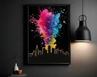 Impresión artística abstracta colorida del horizonte de una ciudad • Decoración urbana moderna (descarga digital)