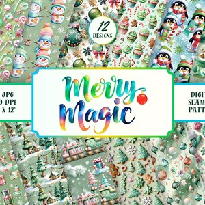 Puede incluir: Un conjunto de patrones digitales sin costuras con 12 diseños navideños. Los patrones incluyen muñecos de nieve, pingüinos, adornos y hombres de jengibre. El texto "Merry Magic" se muestra en colores. Cada patrón mide 30,48 cm x 30,48 cm.