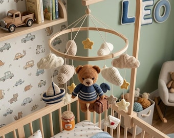 Crochet Teddy Bear Baby Mobile | Adventure Bear Nursery Decor | Handmade Crib Mobile |Gender Neutral Baby Gift |Crochet Nursery Mobile |M33M