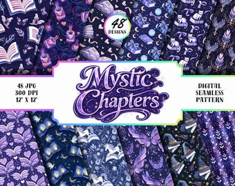 Paquete de patrones de libros de estilo Dark Academia, 48 papeles de biblioteca mística sin costuras, fondos de lectura mágicos.