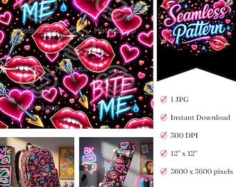 Motivo senza cuciture con labbra da vampiro / Design a sublimazione al neon per San Valentino (download digitale JPG 12x12")