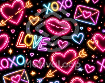 Motivo senza cuciture al neon di San Valentino / Download digitale JPG 12x12" / Cuori e labbra con scritta "XOXO" / Sfondo con sublimazione a 300 DPI