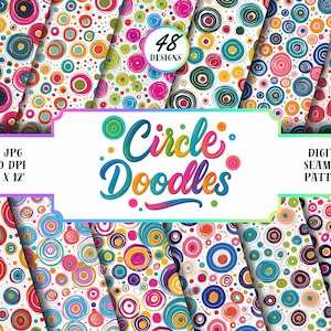 May include: A selection of digital seamless patterns with vibrant, hand-drawn circles in diverse sizes and layouts. The patterns showcase a spectrum of colours, such as pink, blue, yellow, and green. The image includes the text "Circle Doodles" and "48 Designs", with each pattern measuring 30.48 cm x 30.48 cm.