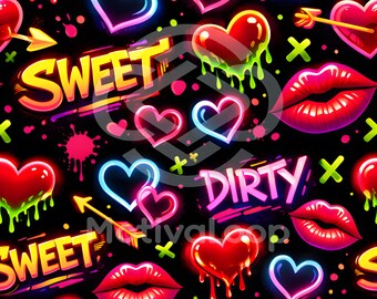Motivo dolce e sporco senza soluzione di continuità / Download digitale JPG 12x12" / Labbra al neon, cuori, gocce / Design a sublimazione di San Valentino a 300 DPI