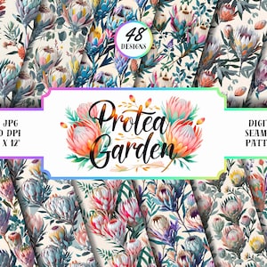 Puede incluir: Un conjunto de patrones digitales sin costuras con 48 diseños de arreglos florales de Protea Garden. Los patrones muestran ilustraciones al estilo acuarela de flores de protea en varios colores, de 30,48 cm x 30,48 cm.