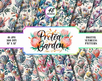 Patrones sin costuras de jardín de proteas / 48 fondos florales digitales / JPG de alta resolución de 12x12” / Imágenes prediseñadas de flores botánicas