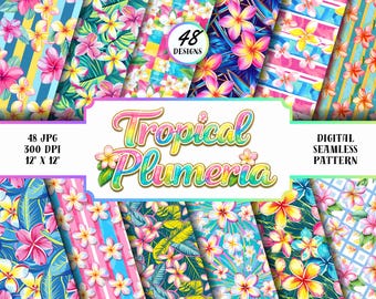 Paquete de patrones sin costuras Plumeria, 48 papeles digitales florales tropicales, diseños de verano hawaianos 300 DPI