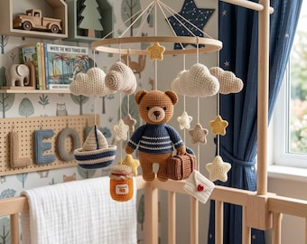 Crochet Teddy Bear Baby Mobile | Adventure Theme, Clouds, Stars, Sailboat Crib Decor | M33M