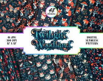 Paquete de papeles digitales Bosque, patrones sin costuras de zorro, búho y seta, lindos animales para álbum de recortes 12x12 300 DPI