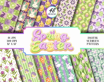Paquete de 48 patrones sin costuras de Pascua, papel digital de primavera (descarga digital)