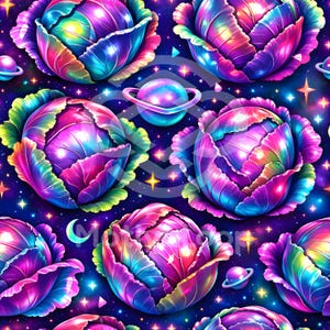 May include: A vibrant, repeating pattern featuring stylized cabbages in a spectrum of colors, including purple, pink, blue, and green. The cabbages are set against a dark blue background with planets, stars, and a crescent moon, creating a whimsical, space-themed design.