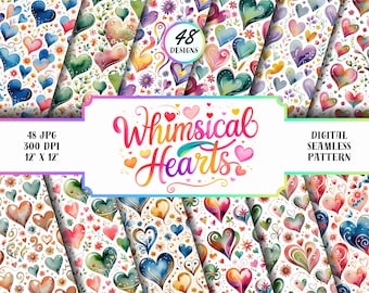 Papel digital Corazones caprichosos / 48 patrones sin costuras / JPG de 12x12” / Papel para álbumes de recortes de San Valentín / Fondos de corazones