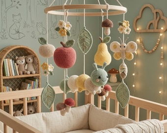 Handmade Crochet Caterpillar Garden Baby Mobile | Fruit, Butterfly, Mushroom Nursery Decor | M31M