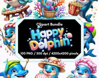 Paquete de imágenes prediseñadas de delfines felices: 100 imágenes PNG de animales marinos (descarga digital)