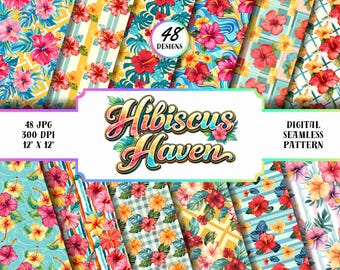Paquete de patrones sin costuras hawaianos de hibisco, 48 papeles digitales florales tropicales (JPG de 12 x 12, 300 ppp)
