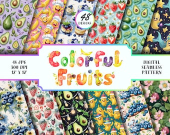 Paquete de papel digital de frutas: Patrones sin costuras para manualidades (JPG, 30x30 cm, 300 DPI)