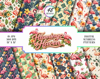 Pacchetto di motivi senza soluzione di continuità con fenicotteri, carta digitale tropicale, clipart floreali estive, JPG 12x12 300 DPI, sfondi per scrapbooking