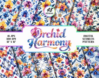 Paquete de patrones sin costuras de orquídeas, paquete de papel digital floral, fondo de flores tropicales, papel para álbum de recortes de 12x12 pulgadas, JPG de 300 ppp