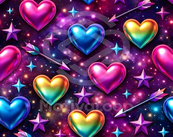 Motivo senza cuciture a forma di cuore galassia neon / Carta digitale olografica arcobaleno per San Valentino / Ripetizione dell'amore cosmico / 12x12 JPG