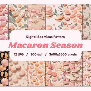 Paquete de papel digital sin costuras de macarrones: 12 patrones de postres pastel, fondos de álbumes de recortes de panadería, texturas de comida sin costuras, descarga instantánea en formato JPG