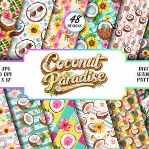 Tropiskt kokosnötsparadis sömlöst mönsterpaket – 48 sommardesigner (digital nedladdning)