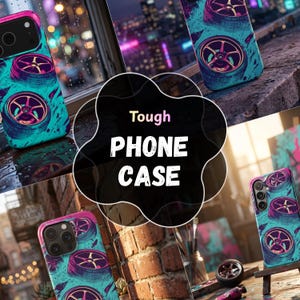 Vaporwave Car Wheel Phone Case, Tough Protective iPhone Samsung Case, Neon JDM Aesthetic Cover, Retro Automotive Art Case