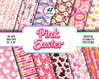 Paquete de papel digital rosa de Pascua: 48 patrones sin costuras (descarga digital)