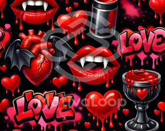 Motivo senza soluzione di continuità con amore da vampiro - Carta digitale JPG 12x12" / San Valentino gotico, cuori gocciolanti, labbra a forma di zanna, graffiti