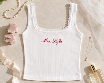 Custom Embroidered Bridal Tank Top | Personalized Lace Trim Mrs. Shirt | M19M