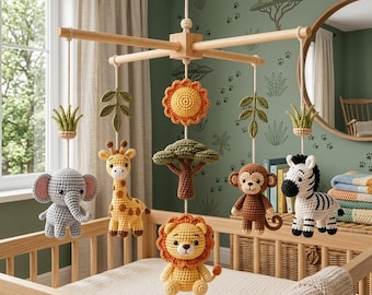 Crochet Safari Baby Mobile | Lion, Elephant, Giraffe, Zebra Nursery Decor | M32M