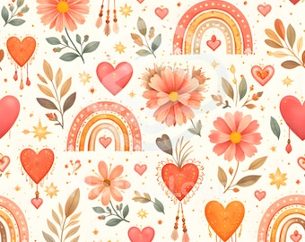 Motivo senza cuciture con cuore arcobaleno boho / Carta digitale floreale di San Valentino / Ripetizione amore pastello caldo / JPG 12x12