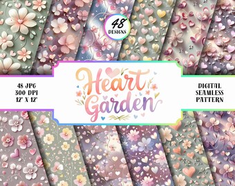 Carta digitale Heart Garden: 48 motivi floreali pastello (download digitale)