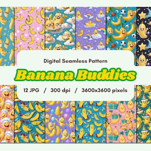 Banana Seamless Pattern Bundle | Cute Fruit Digital Paper | Kawaii Banana Backgrounds | Kids Fabric Design | Cartoon Banana Clipart JPG