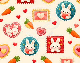 Motivo senza cuciture con coniglietto e carota / Carta digitale JPG 12x12 / Carino sfondo kawaii per San Valentino / Album di ritagli di Pasqua stampabile