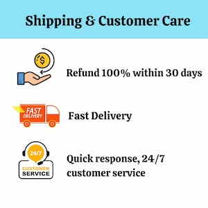 May include: An informational graphic titled Shipping & Customer Care. It features three icons: a hand holding a coin with the text Refund 100% within 30 days, an orange delivery truck with the text Fast Delivery, and a headset with the text Quick response, 24/7 customer service.