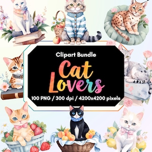 Watercolor Cat Clipart Bundle: 100 PNG Images, 300 DPI (Digital Download)