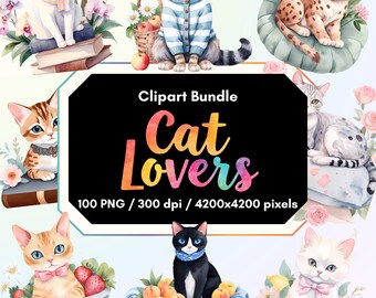 Pacchetto di clipart di gatti ad acquerello: 100 immagini PNG, 300 DPI (download digitale)