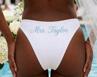 Personalized Embroidered Bridal Bikini | Custom Mrs Swimsuit | White Bride Bikini Set | Bachelorette Honeymoon Outfit | Cheeky Bikini | M36M